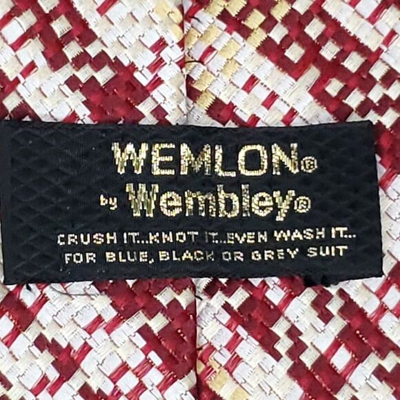 Vintage Wemlon Wembley Mens Necktie Woven Plaid Red Yellow White - Picture 3 of 3